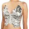 Zodaca Butterfly Sequin Halter V Neck Crop Top for Women, Open Back Tie Backless Cami Tank, Silver, One Size