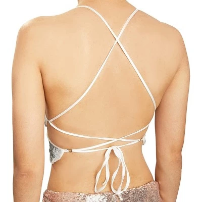 Zodaca Butterfly Sequin Halter V Neck Crop Top for Women, Open Back Tie Backless Cami Tank, Silver, One Size - Image 3