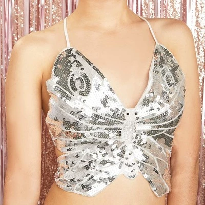 Zodaca Butterfly Sequin Halter V Neck Crop Top for Women, Open Back Tie Backless Cami Tank, Silver, One Size - Image 4